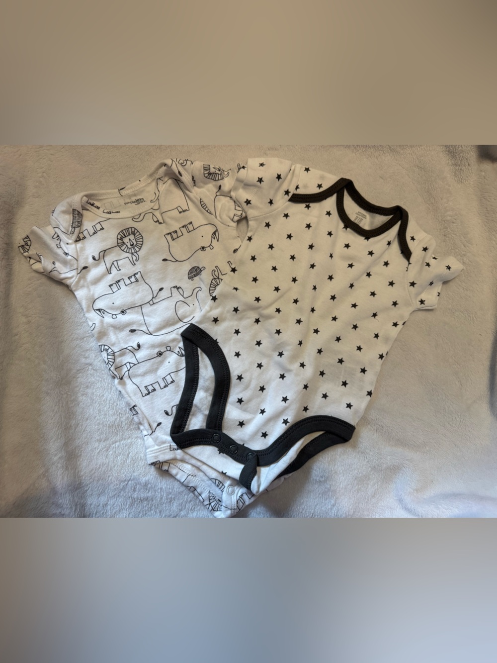 Soft Cotton Star & Animal Baby Bodysuit Set in White and Black Trim